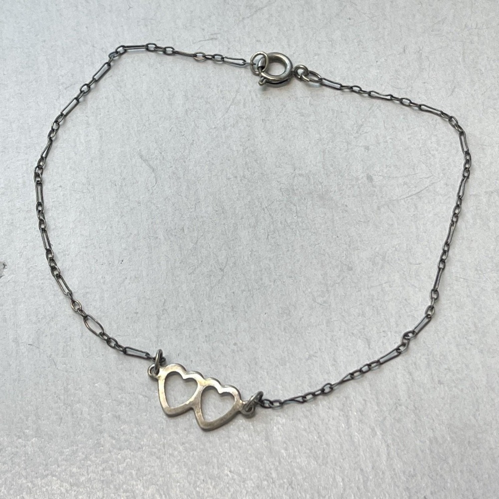 Silver Double Open Heart Charm Sterling Chain Anklet 9" Dainty